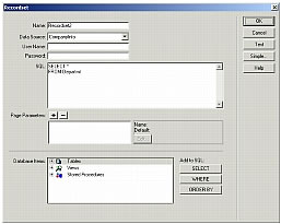 The Dreamweaver MX Advanced Recordset dialog box